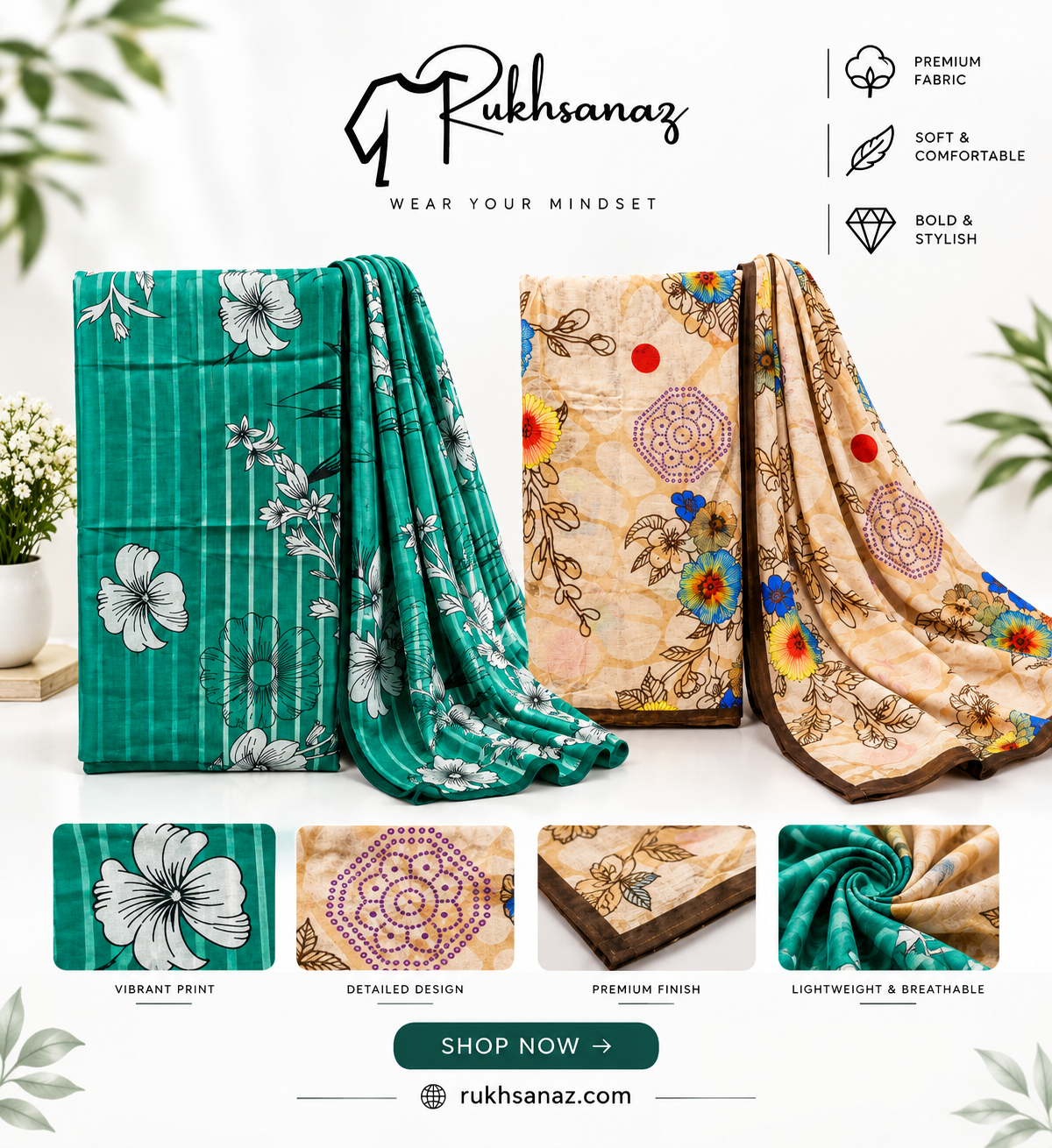 RUKHSANAZ printed fabric collection featuring teal and beige floral designs